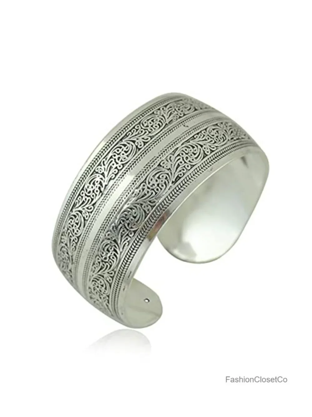 Silver Tone Carved Spiral Flower Wide Cuff Bangle Bracelet